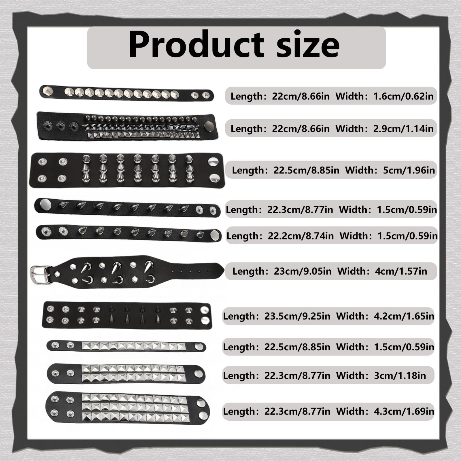 10 Studded Punk Bracelets Set – Emo Spiked Black Leather Cuffs, Goth Accessories