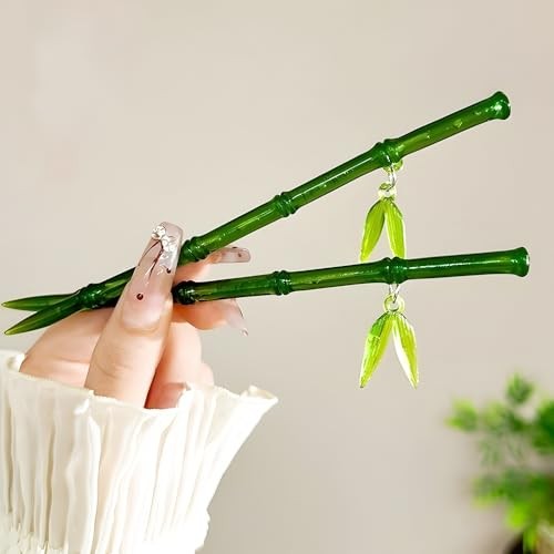 2Pcs Green Bamboo Leaf Hair Stick Pin Resin Chinese Hair Sticks for Buns