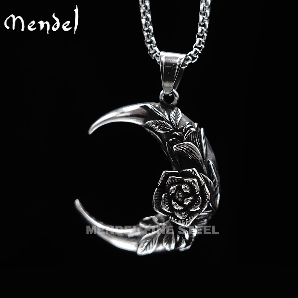 MENDEL Mens Womens Tattoo Flower Crescent Moon Pendant Necklace Stainless Steel