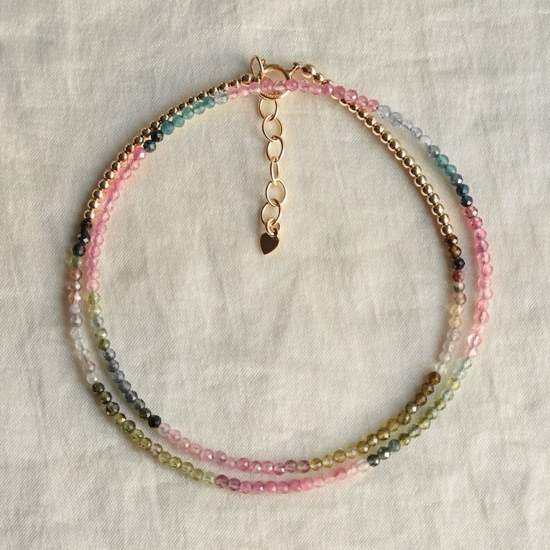 A+++ Dainty Tourmaline Faceted Round Gemstone Beads Girls & Women Necklaces 18”
