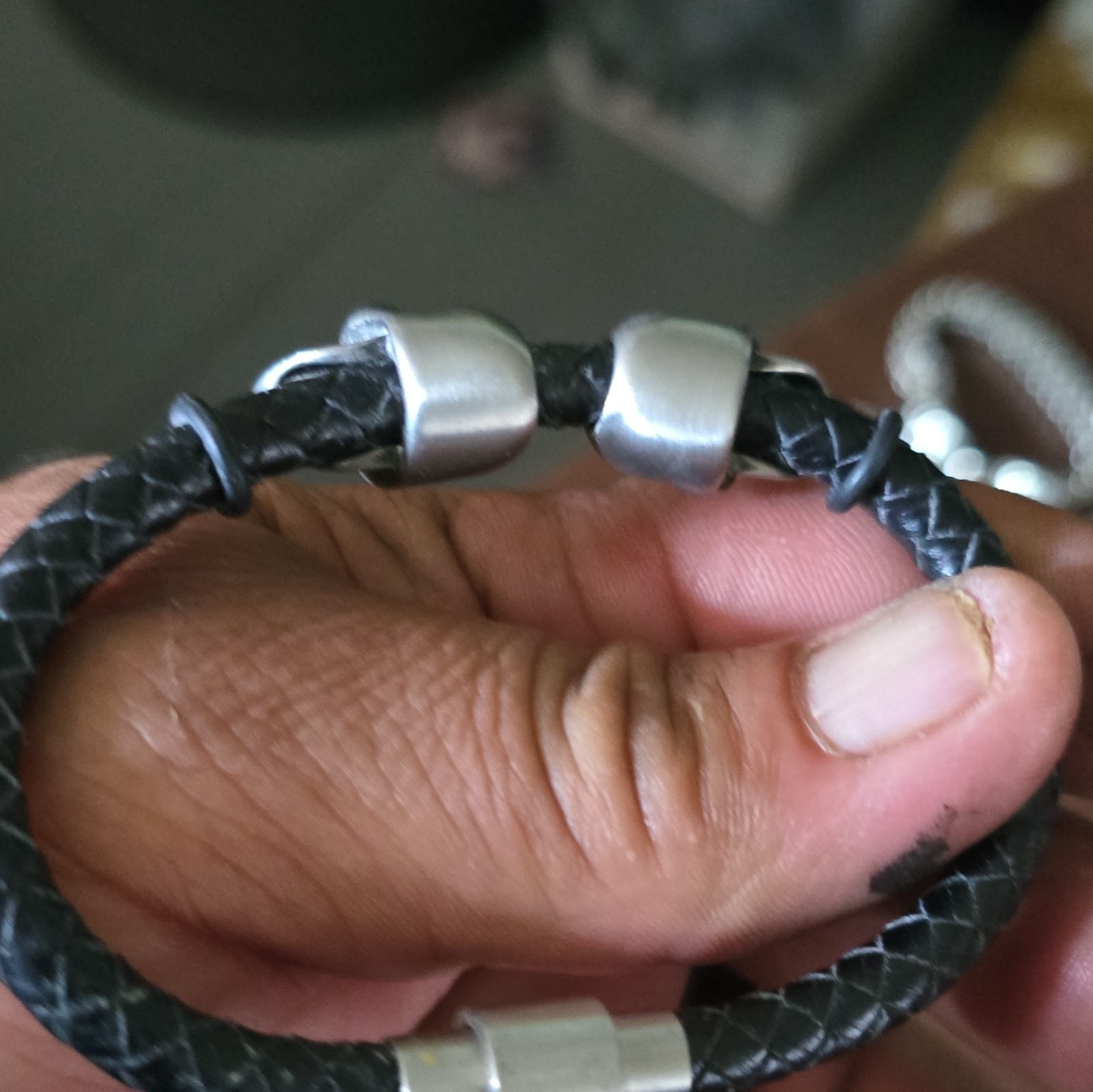 Black Braided Leather Bracelet, Silver Tone Magnetic Clasp, No Stone