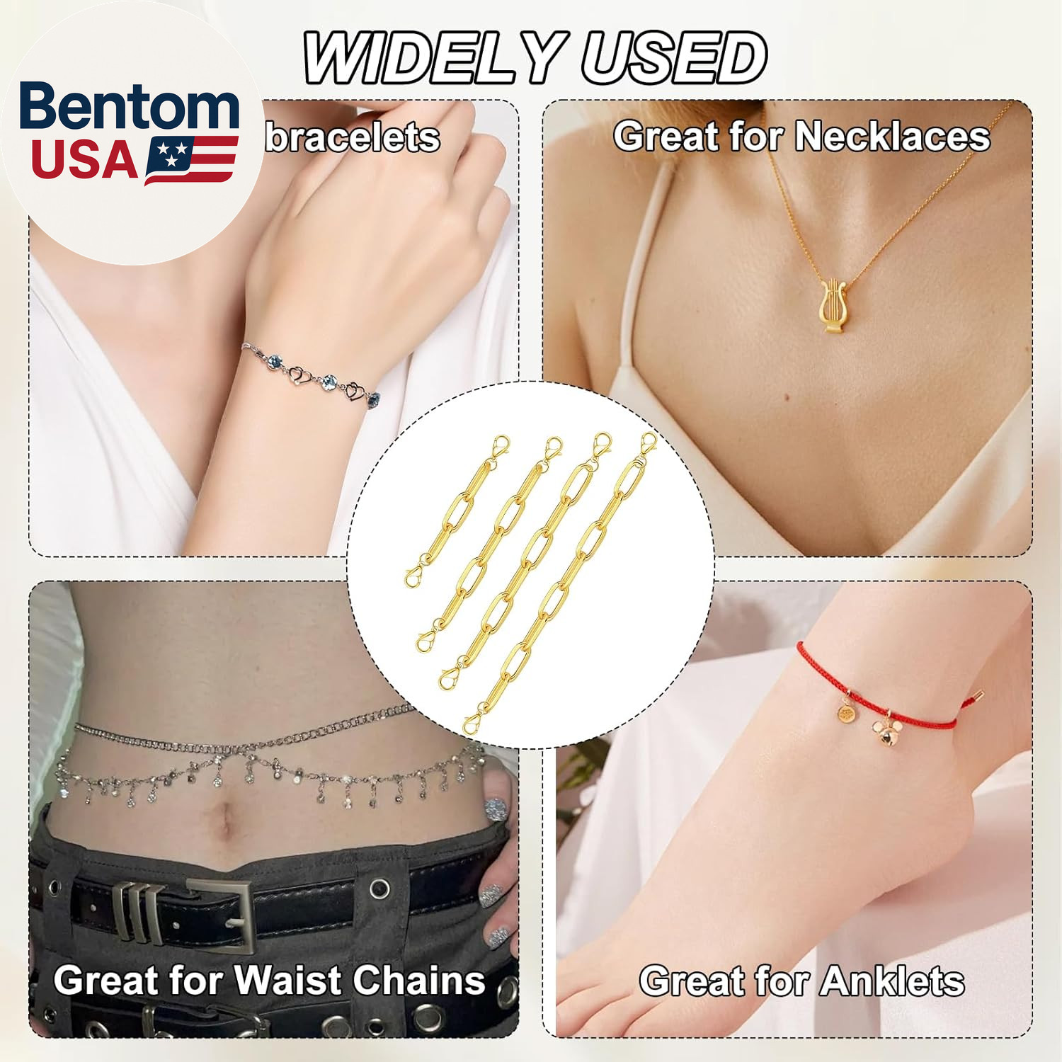 4Pcs Gold Necklace Extenders, Multi-Size Jewelry Extender Chain with Lobster Cla