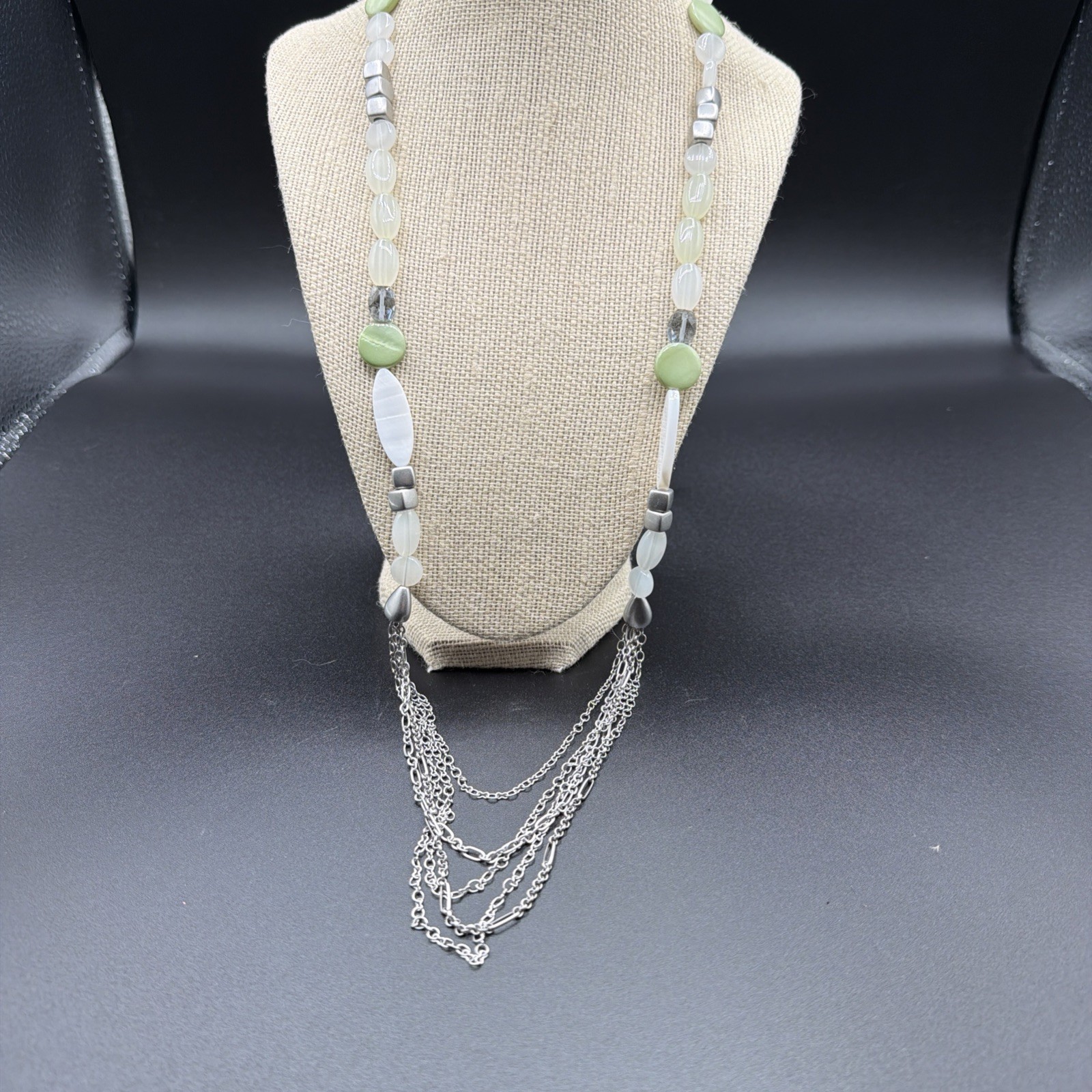 Lia Sophia 32 in Green Gray & Silver Beaded Necklace w Multi Silver Tone Strands