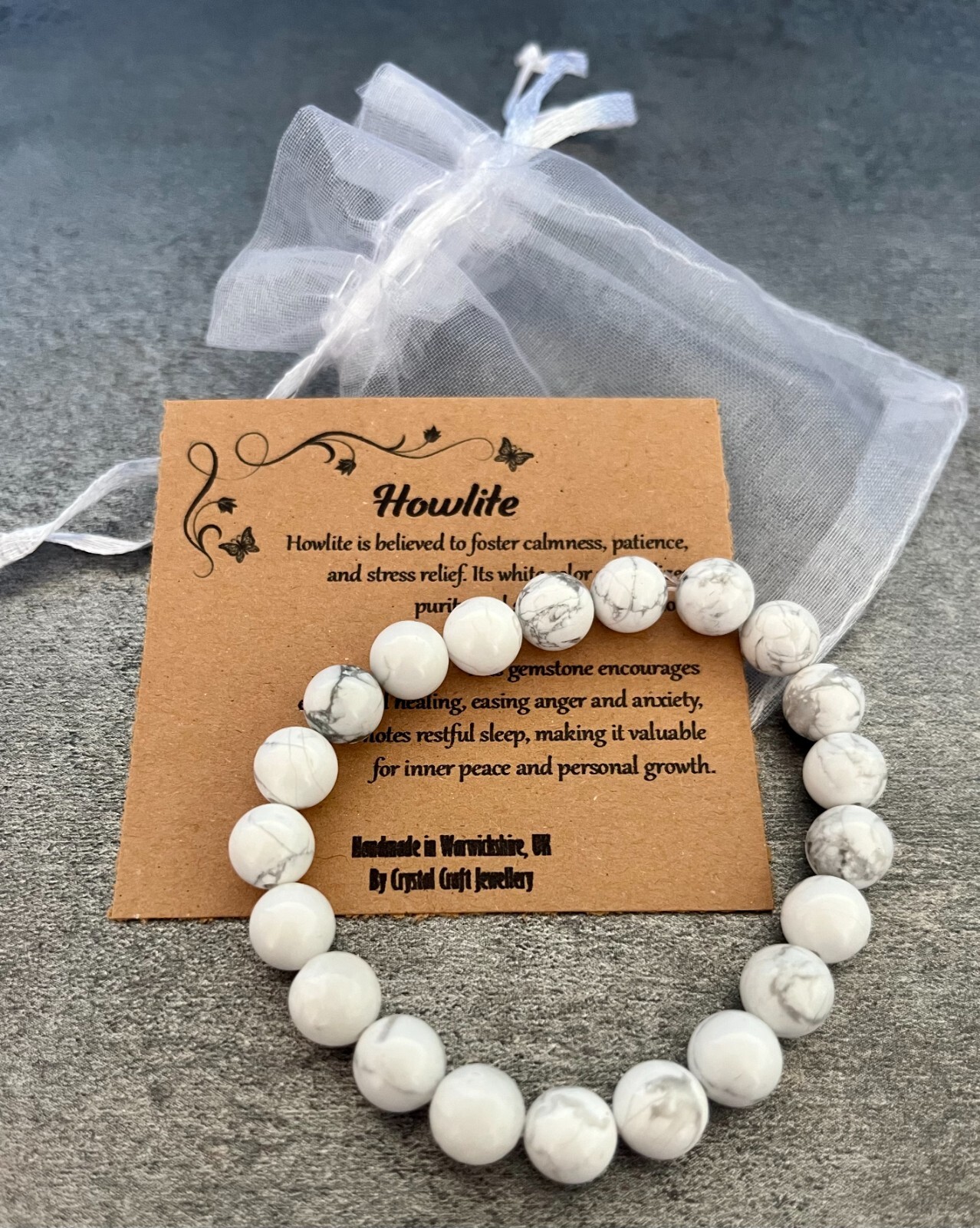 HOWLITE Bracelet Stretch Fit Handmade With Gift Bag & Card Crystal Gemstone 8mm