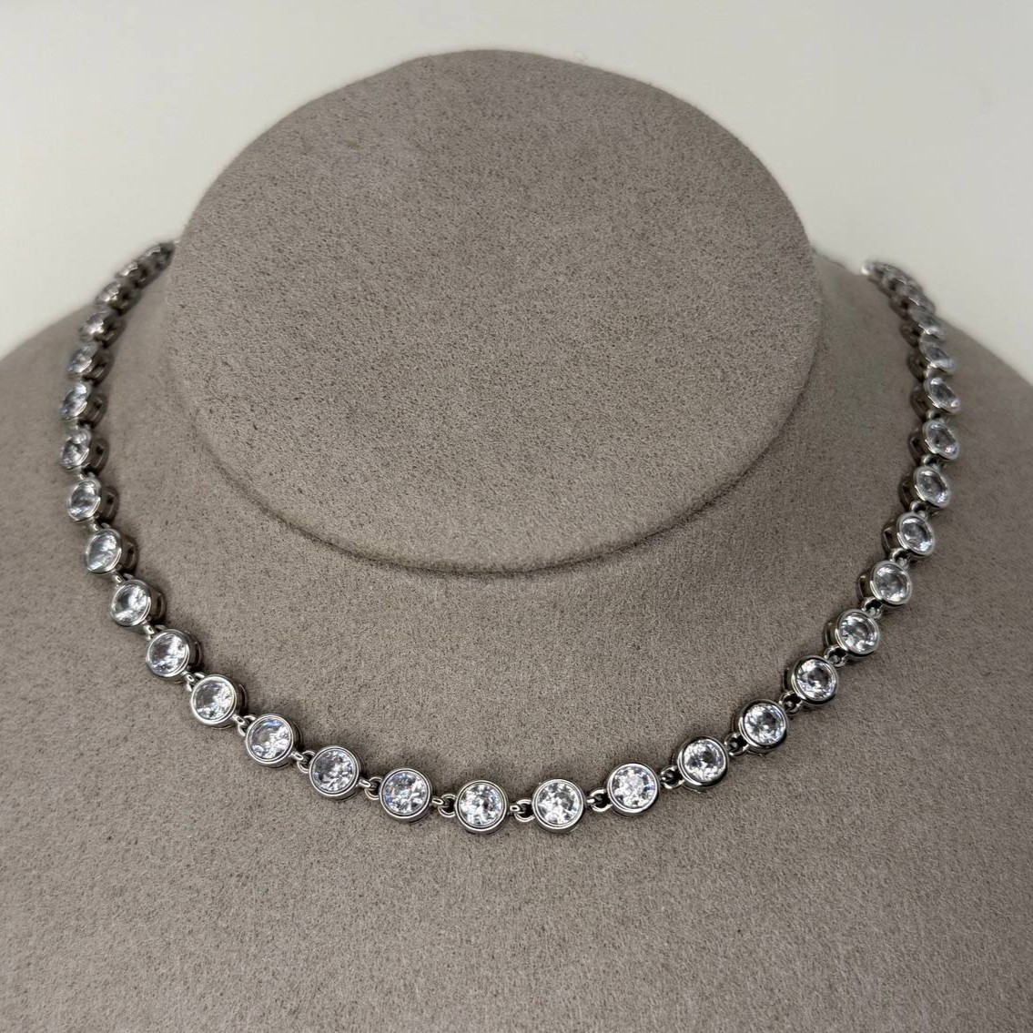 Zirconia Crystal Tennis Necklace Silver Stainless Steel Bezel Choker Necklace