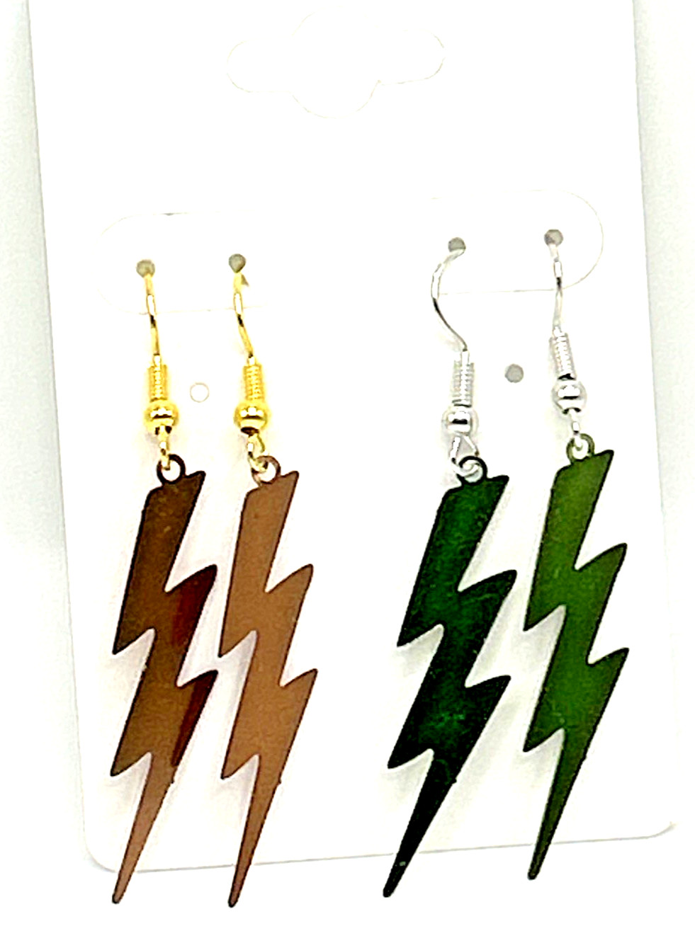 2 Pair Set: Green and Copper Stainless Steel Lightning Bolt Dangle Earrings