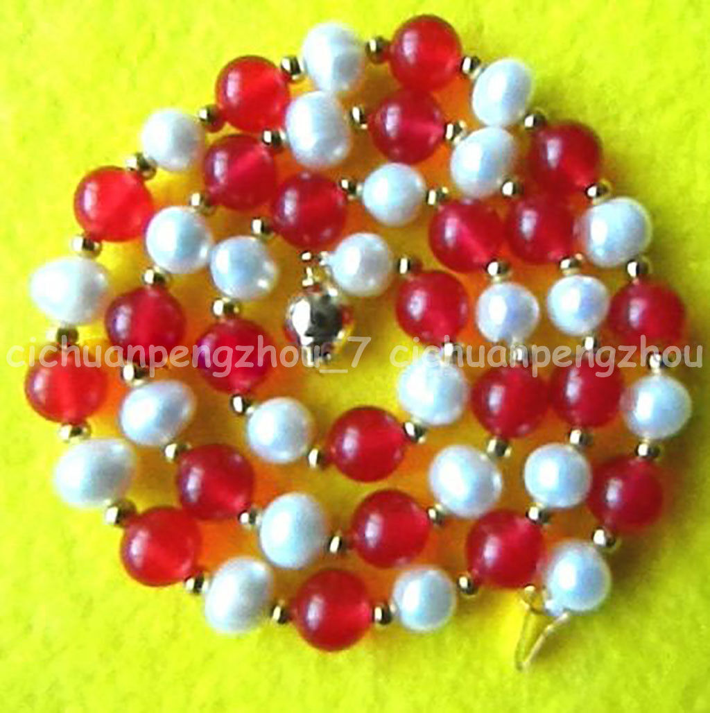 Natural 8mm Red Jade Round Gems 7-8mm White Pearl Beads Necklace 14-36 inch
