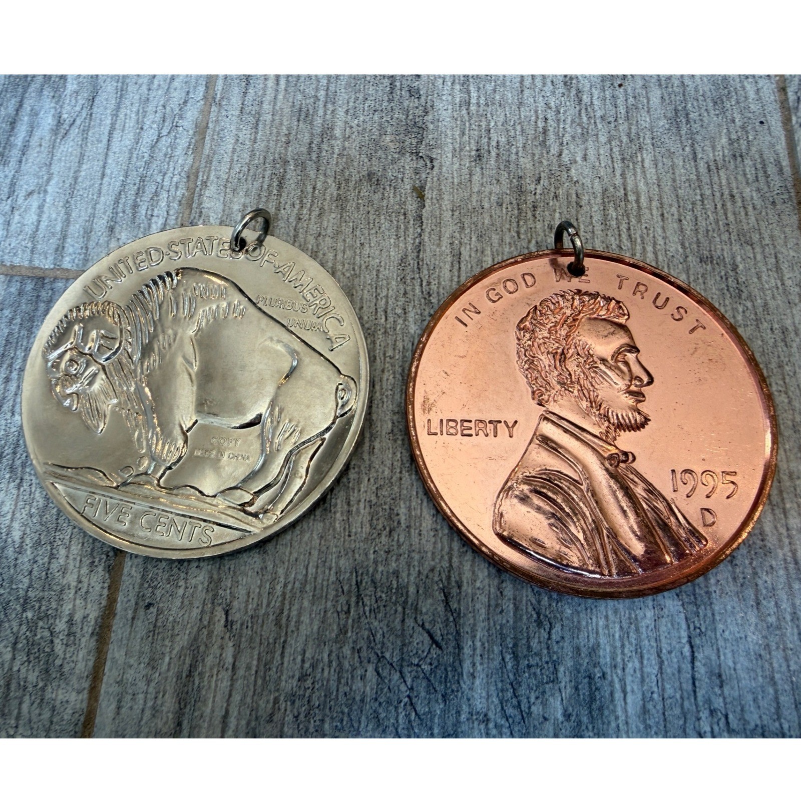 Coin Pendant 2 pc Set Jewelry Silver Copper Buffalo Nickel Penny Money Charm