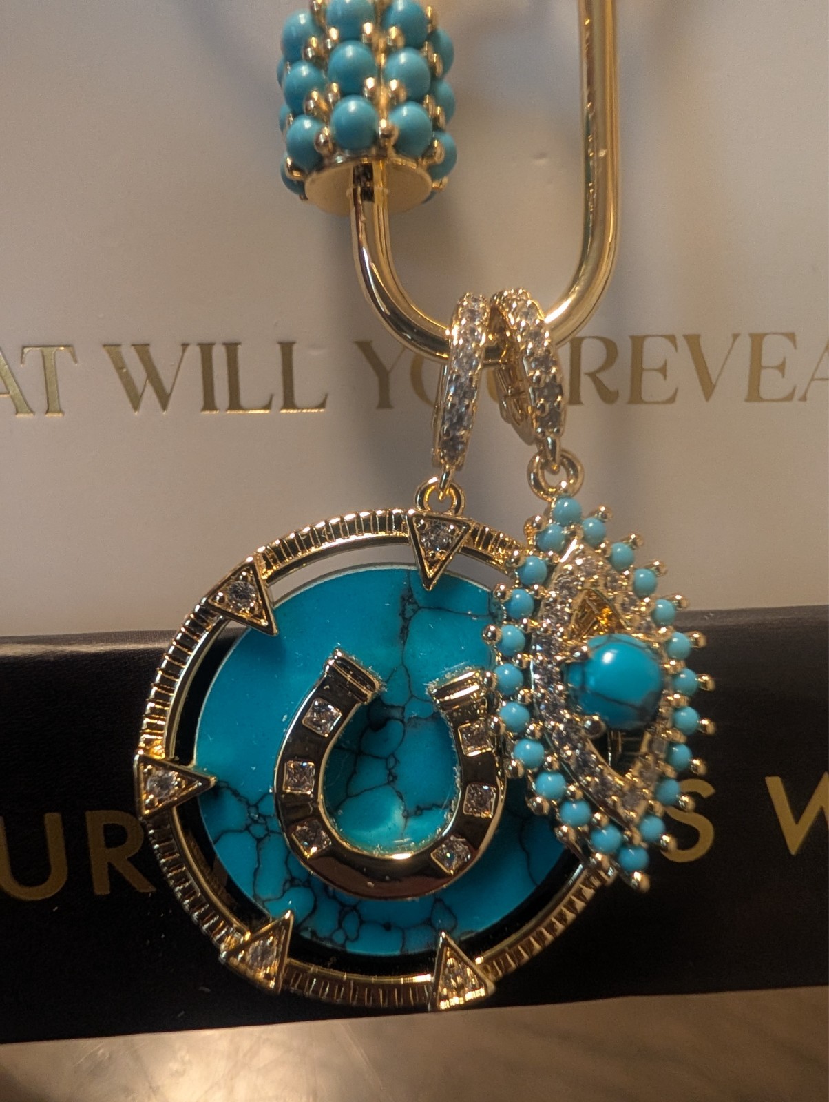 Bomb Party Outlaw Necklace -” I Run This” Turquoise Magnesite, Cubic Ziconia.