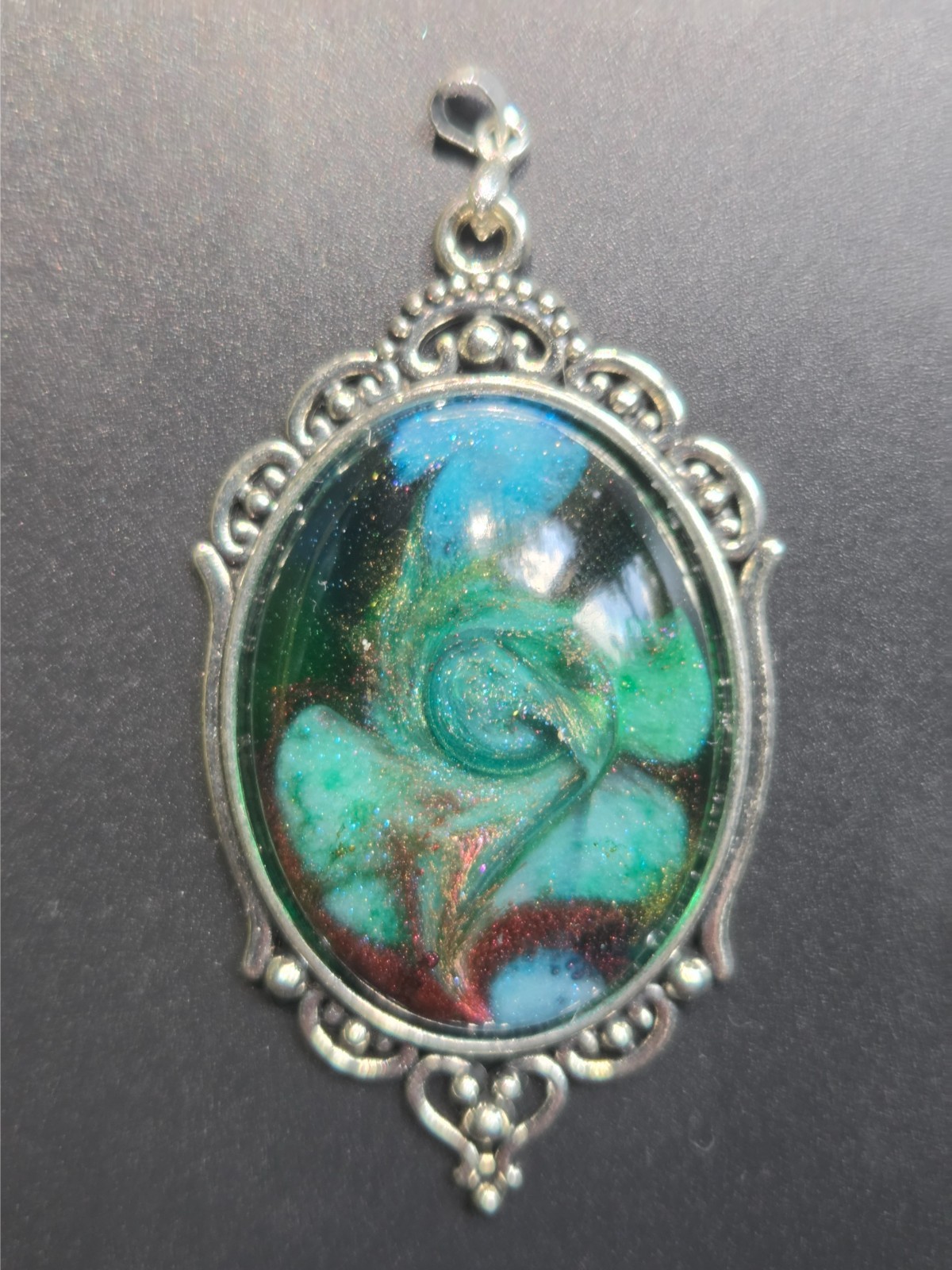 Handmade Resin Pendant Green Blue Petri Effect Oval Silver Tone OOAK