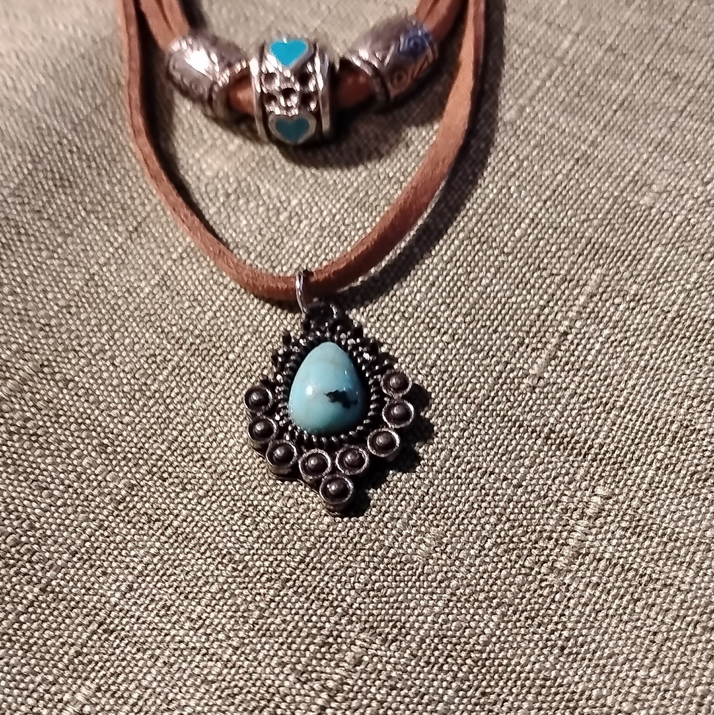 Turquoise Teardrop Pendant Necklace Blue Stone Bezel Faux Leather Cord. 4001