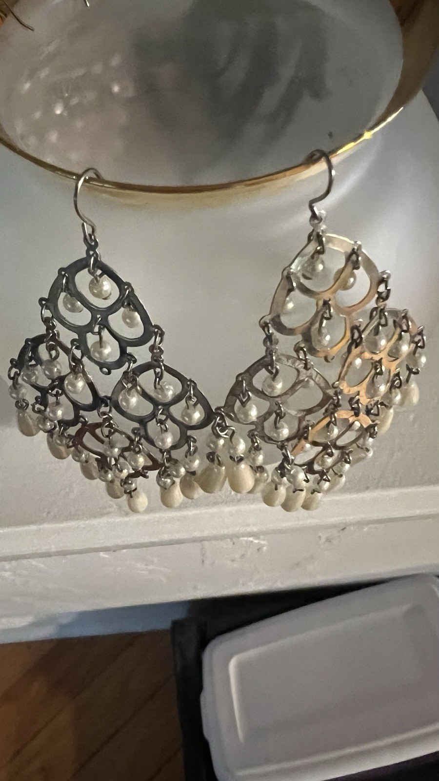 Silvertone Chandelier Dangle Drop Earrings Metal Hook White Drops