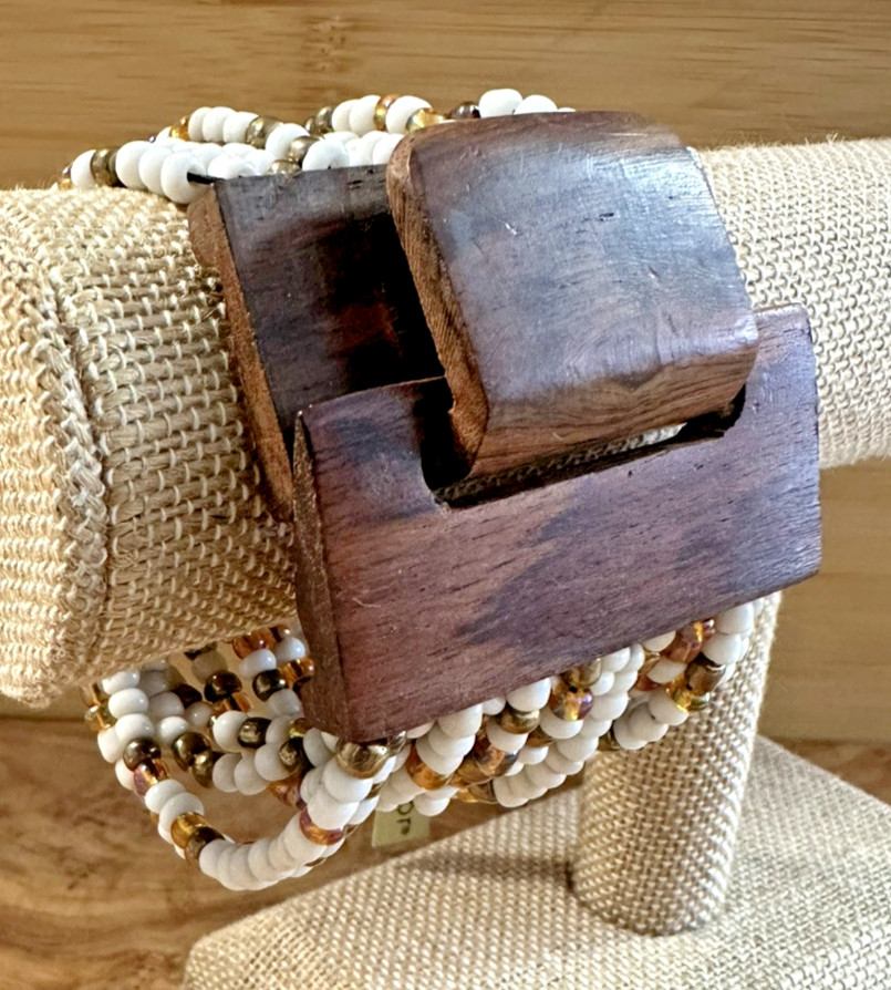 Boho Brown White Wood Beaded Layered Stretch Bracelet Toggle Clasp About Color