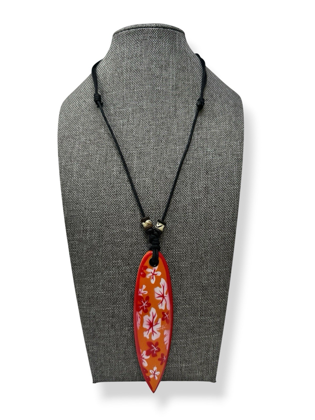 Orange Surfboard Necklace Hawaiian Flower Wood Pendant Beach Jewelry