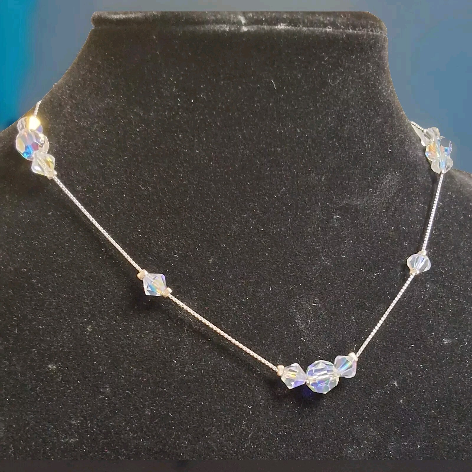 Silver Toned Necklace With Acrylic VERY Sparkly Beads 15 1/2 In 3 In Ext.