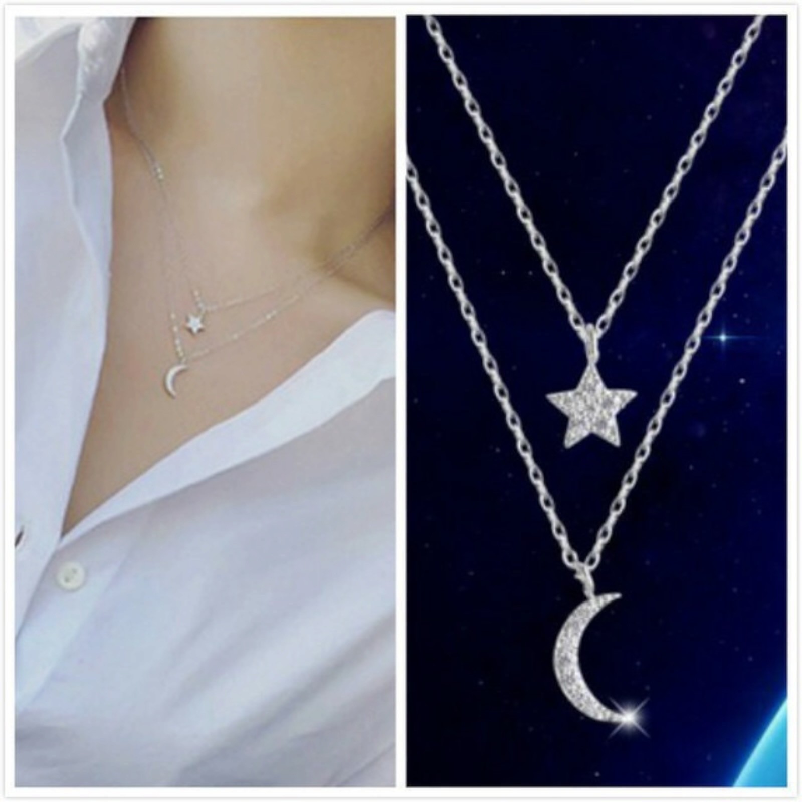 Two layers Star Moon CZ Pendant 925 Sterling silver Necklace Women Gift Box B64