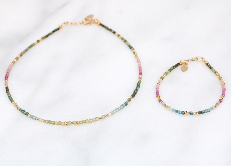A+ Multi Tourmaline Faceted Round Gemstone Gold Filled Beads Necklaces 18″ Women
