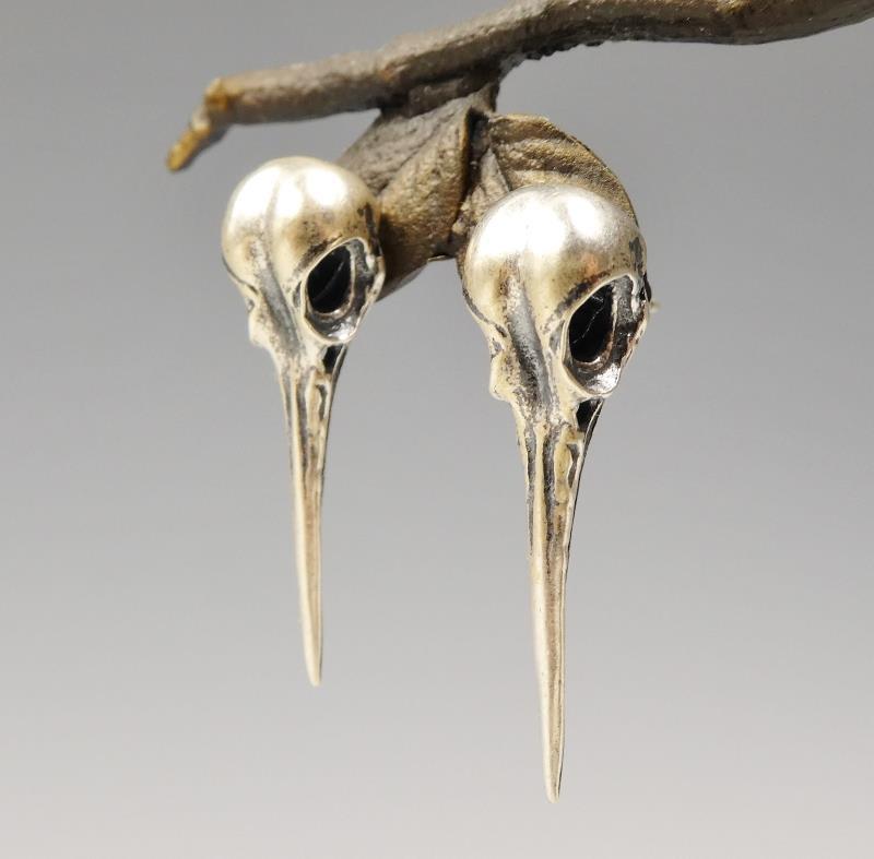 Handmade 925 Sterling Silver Hummingbird Skull Stud Post Earrings Unique Gothic