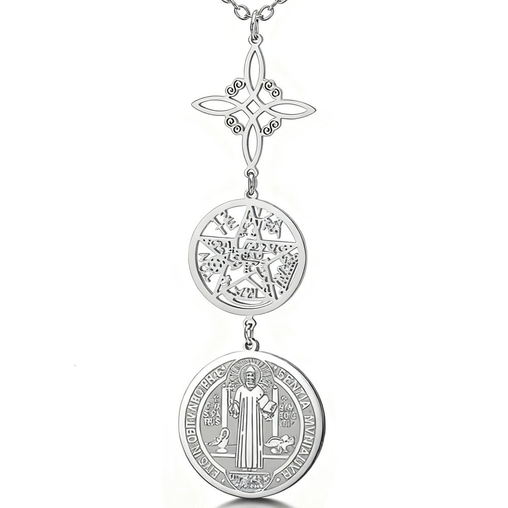 Stainless Steel Triple Protection Necklace Pentagram St Benedict Pendant