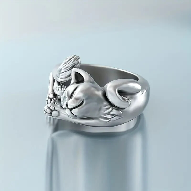 Exquisite Adjustable Opening Size Cat Ring Vintage Style Silvery Women’s Rings