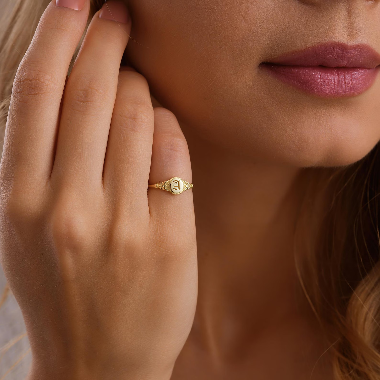 Custom Initial Signet Ring, Dainty Gold Filled Gold Plated 925 Silver Ring
