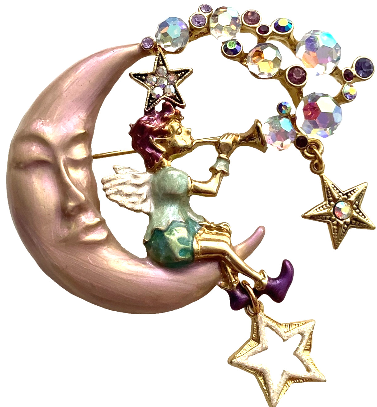 KIRKS FOLLY Pipe Dream FAIRY PIN Brooch, Gold + Pink Whimsigoth Moon and Stars