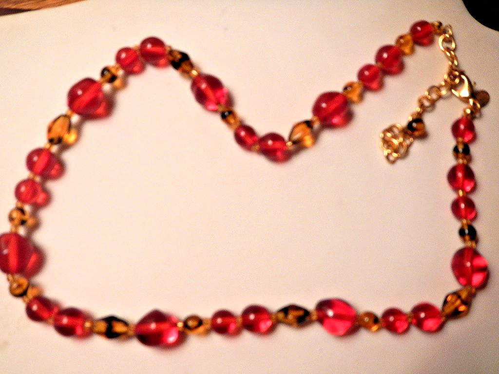 Vintage Donna Dressler Red & Amber Tortoise Style Art Glass Bead Necklace