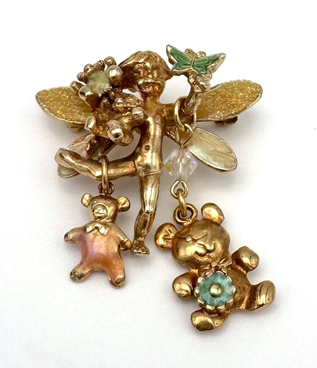 VTG Kirks Folly Fairy Brooch Pin Gold Tone Dangle Bears Butterfly Enamel Signed