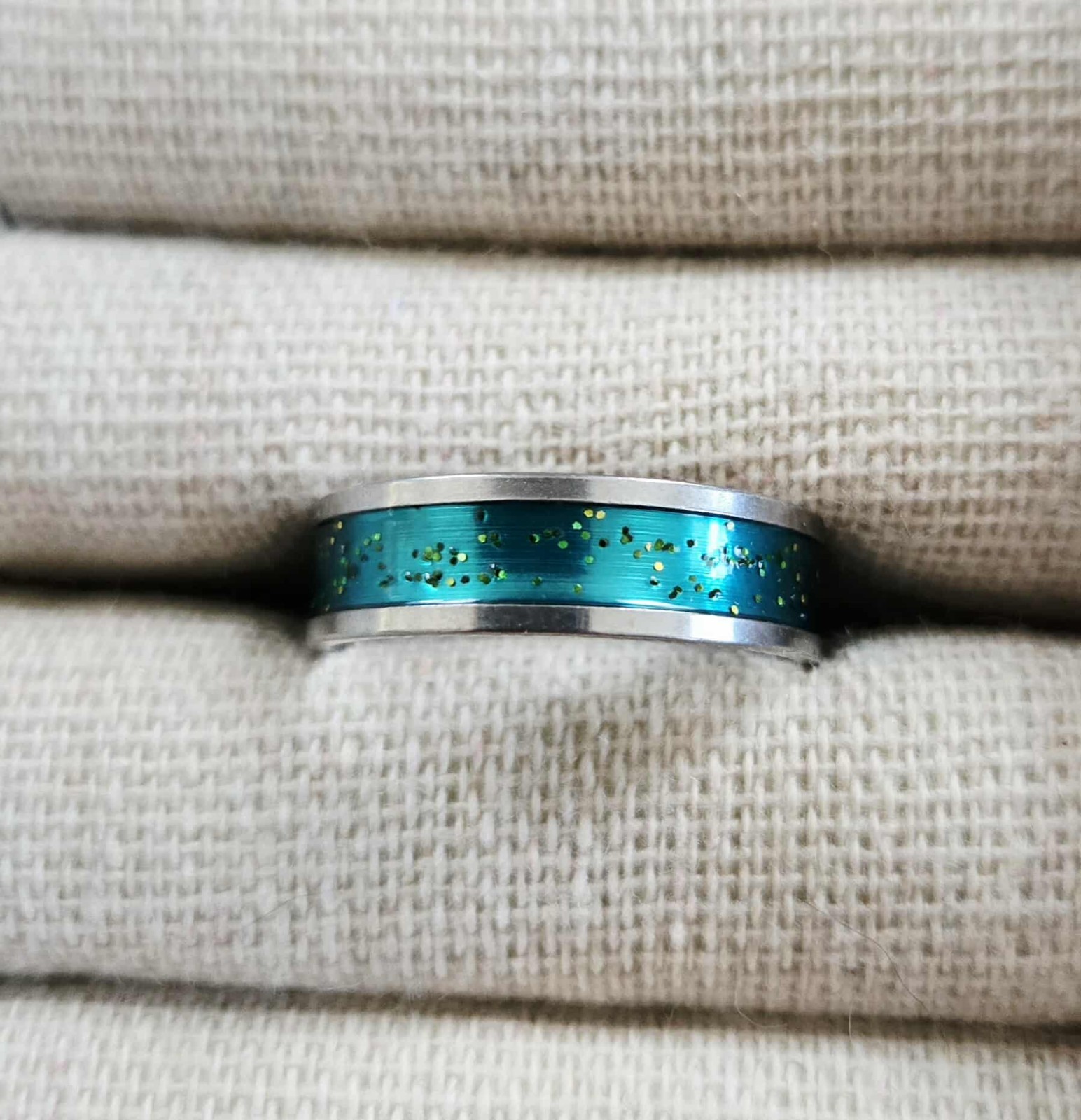 Green Stardust Titanium Ring Size 8 Steel Band Unisex Sparkle Next Day Shipping