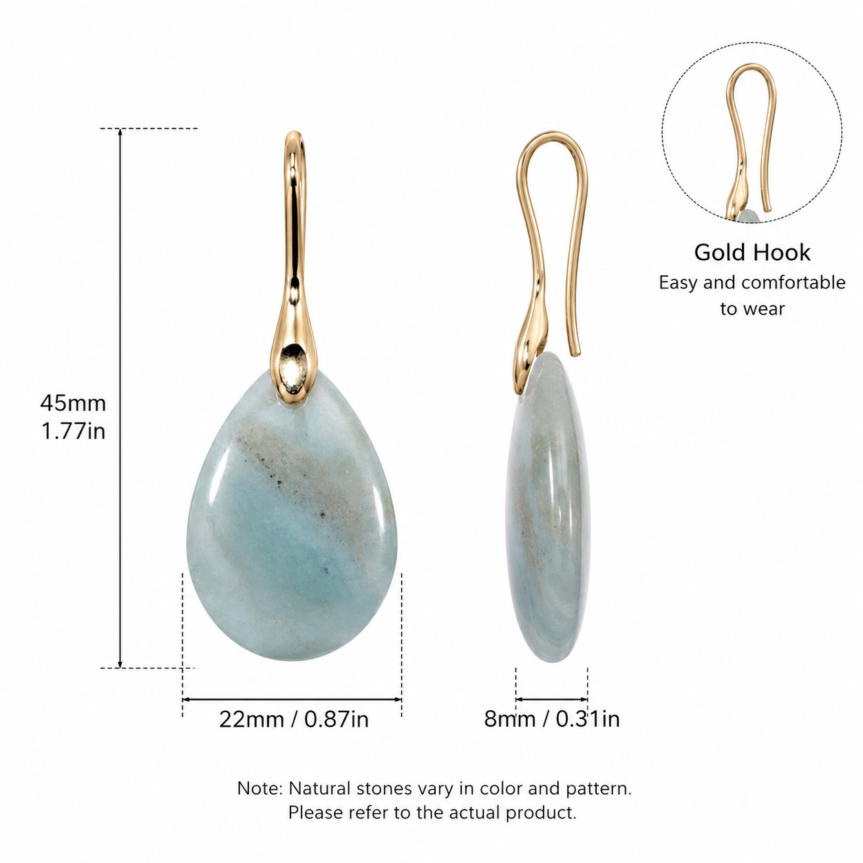 Natural Blue Stone Teardrop Dangle Earrings Gold Hook Women’s Jewelry