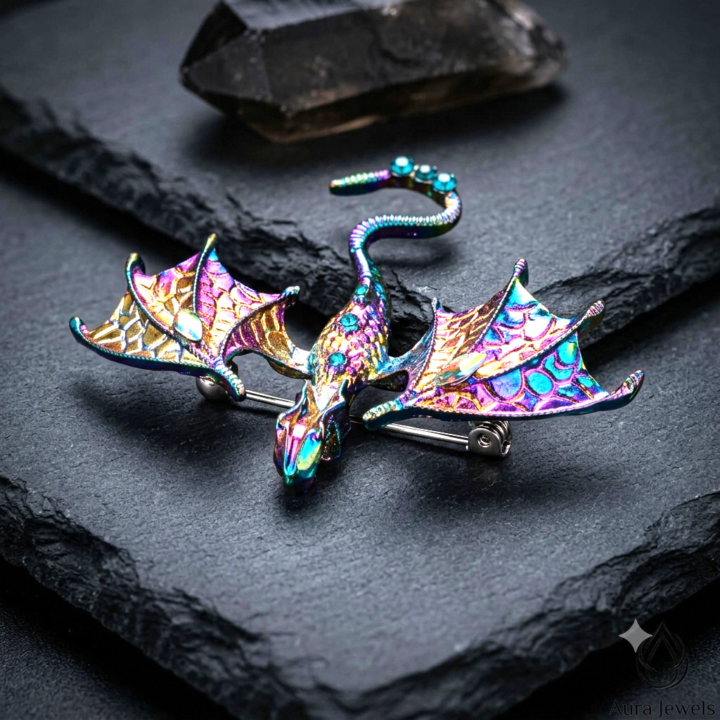 Dragon Pin Brooch Rhinestone Metal Rainbow-colored and a turquoise stone.
