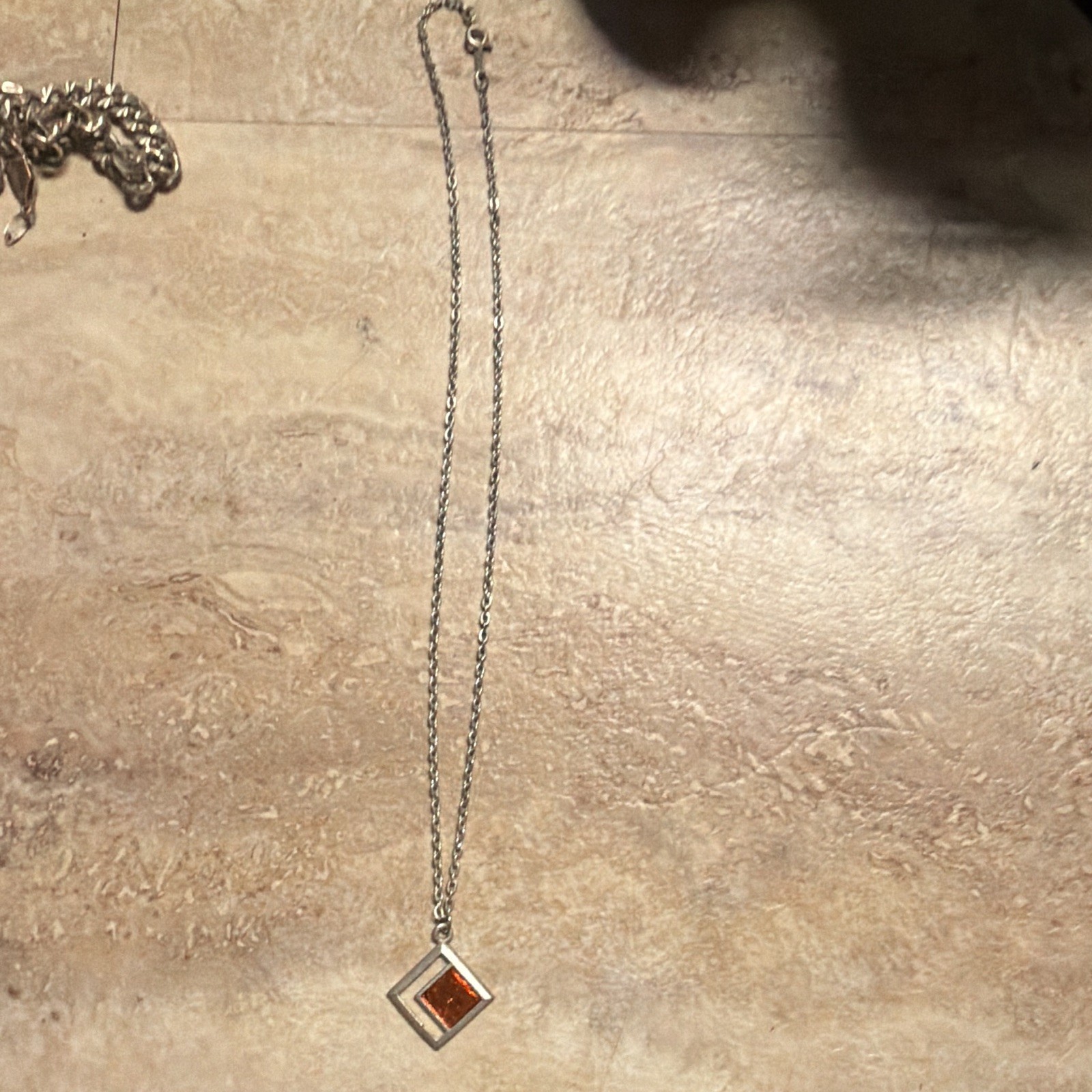 Silver Tone Square Orange Stone Bezel Charm Pendant Necklace Cable Spring Ring