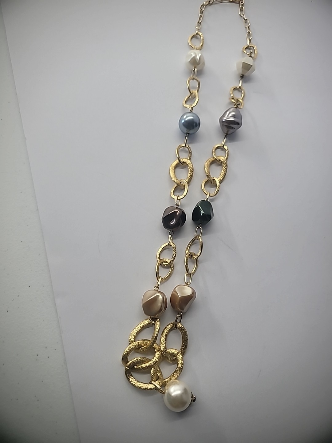 Vintage Necklace Beaded Blue Pink Gold Tone Chain Jewelry Costume