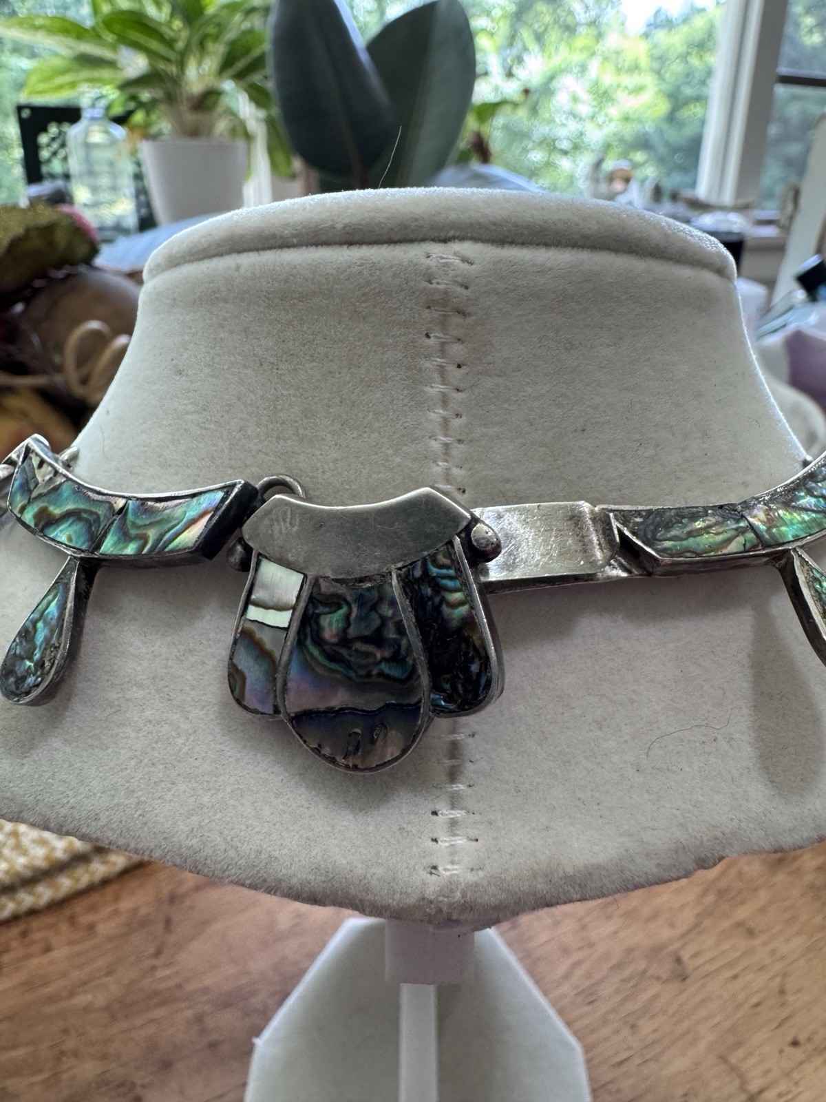 Sterling Silver Abalone Shell Inlay Statement Choker Necklace, 61.2 g