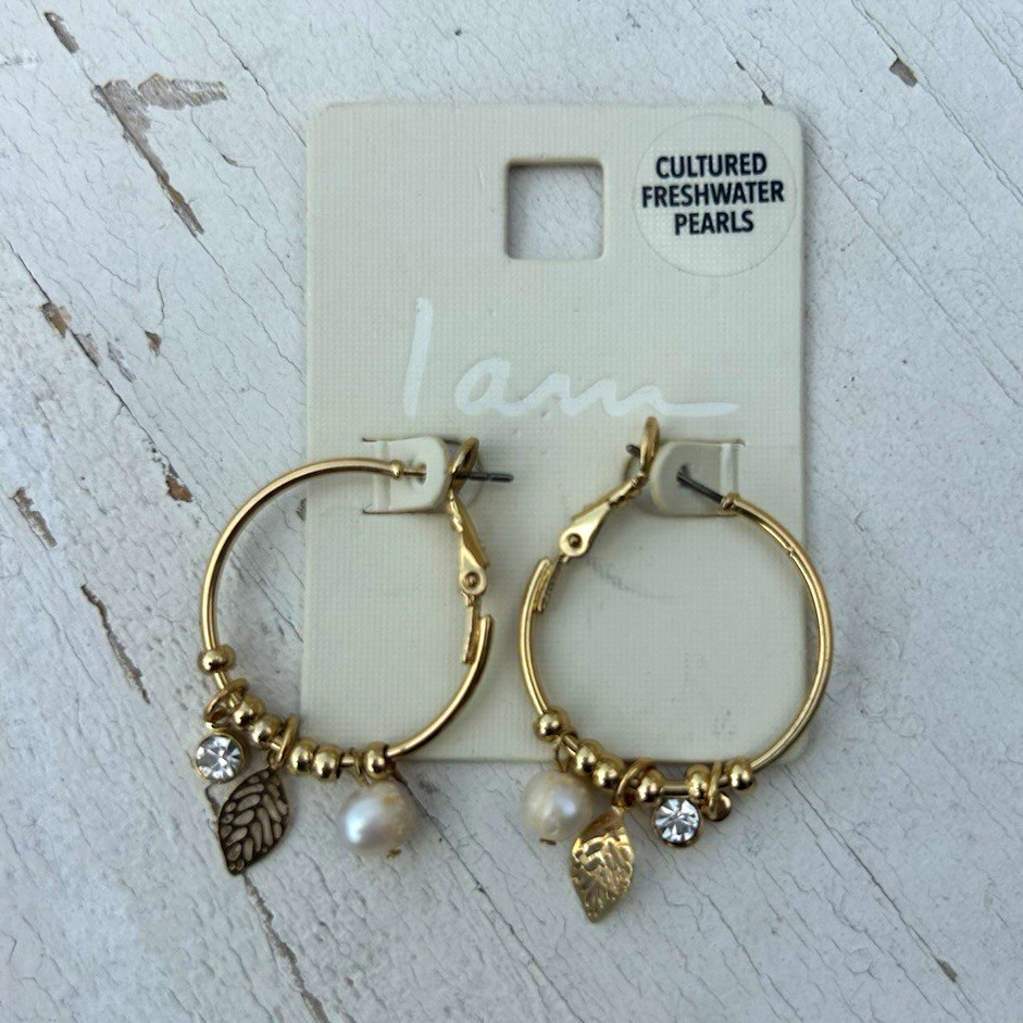 Gold Tone Hoop Dangle Earrings, Cultured White Pearl, Leaf Charm, Crystal