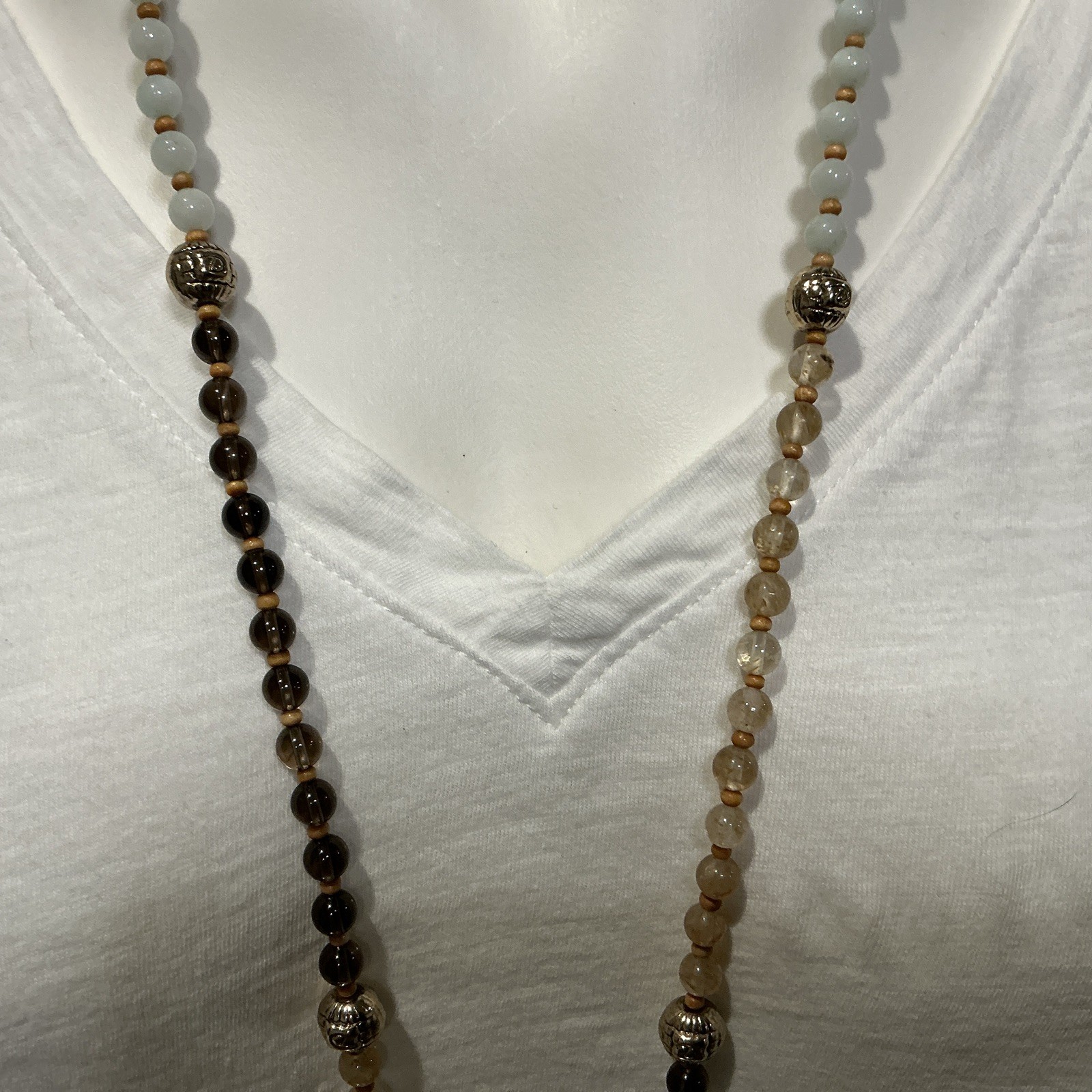Marlyn Schiff Brown, Beige, Sage Natural Stone Necklace Faux Leather Tassel