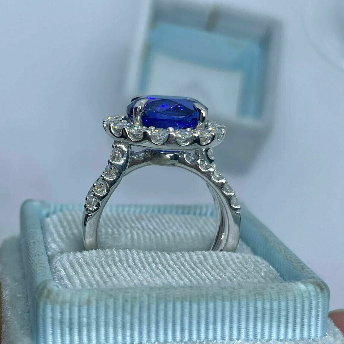 2.50Ct Round Cut Blue Tanzanite Halo Engagement Ring 14K White Gold Finish