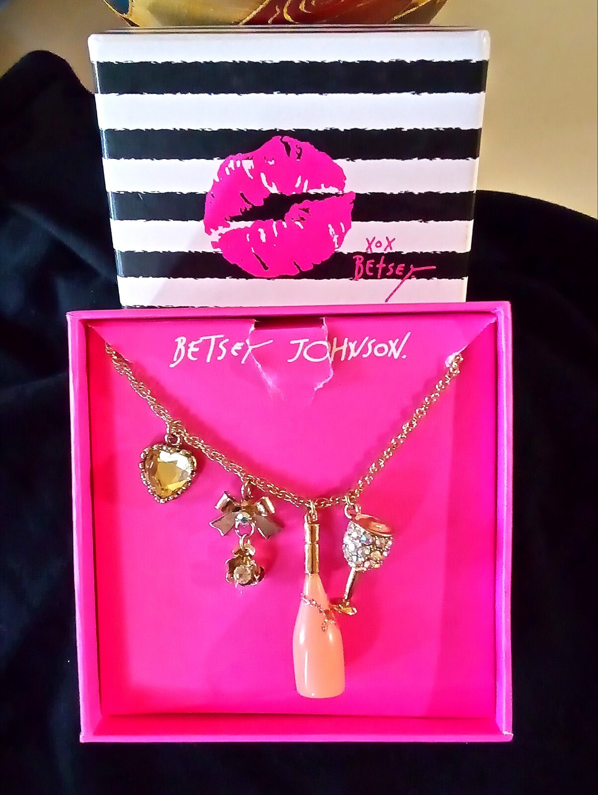Betsey Johnson Wine & Crystal Challis & Assorted Charms Necklace
