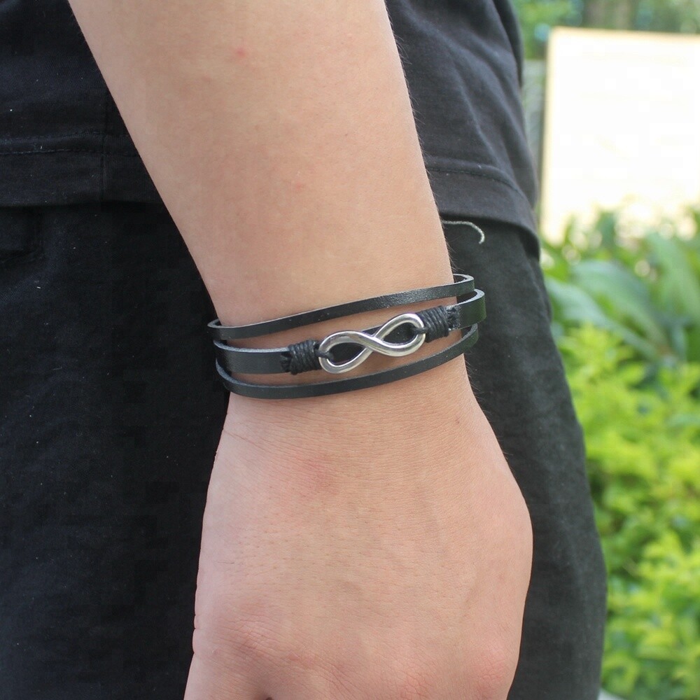 DEZILOO Infinity Symbol Love Bracelet Multilayer Leather Bangle Cuff Black