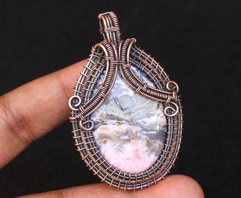 Gift For Bridal Copper Wire Wrap Pendant Rhodochrosite Gemstone Jewelry N427