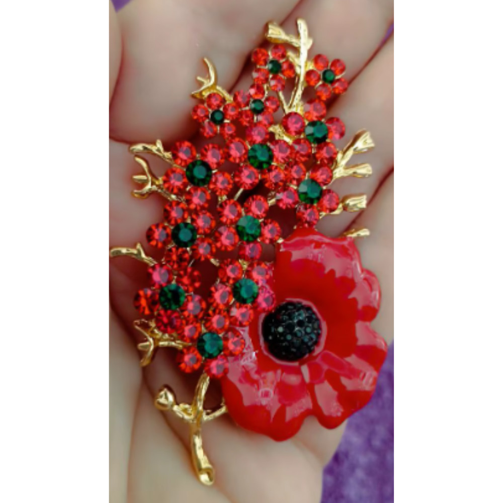 Beautiful Poppy Flowers Brooch Pin – Rhinestone Enamel Jewelry Gift USA