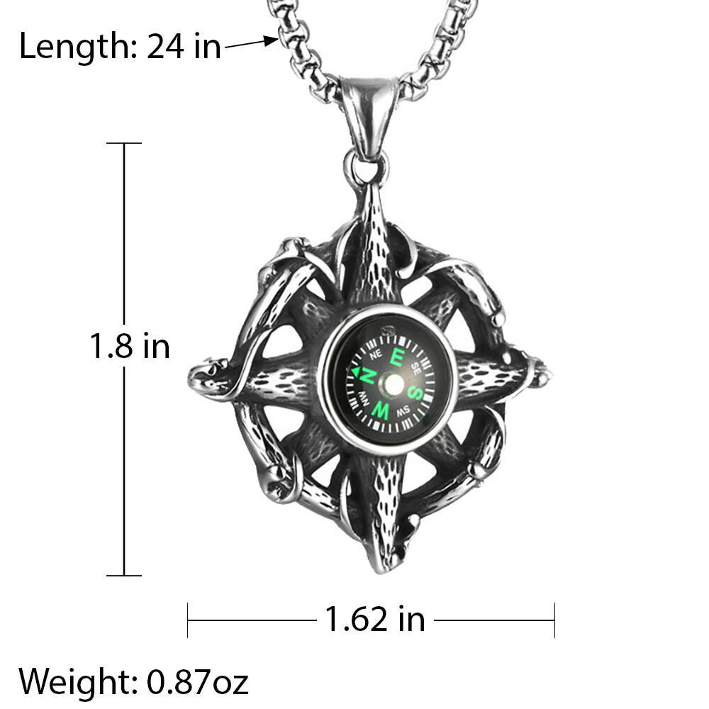 Working Compass North Star Souvenir Pendant Necklace w 24 Inch Box Chain