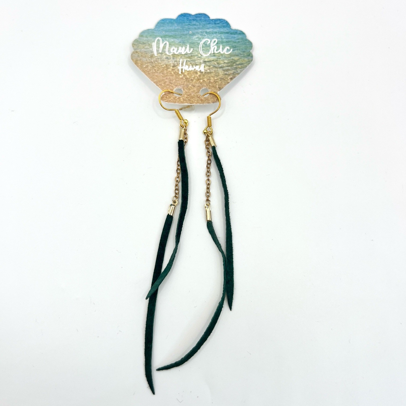 Maui Chic Hawaii Green Suede Fringe Dangle Earrings Boho Drop Long 4.5″
