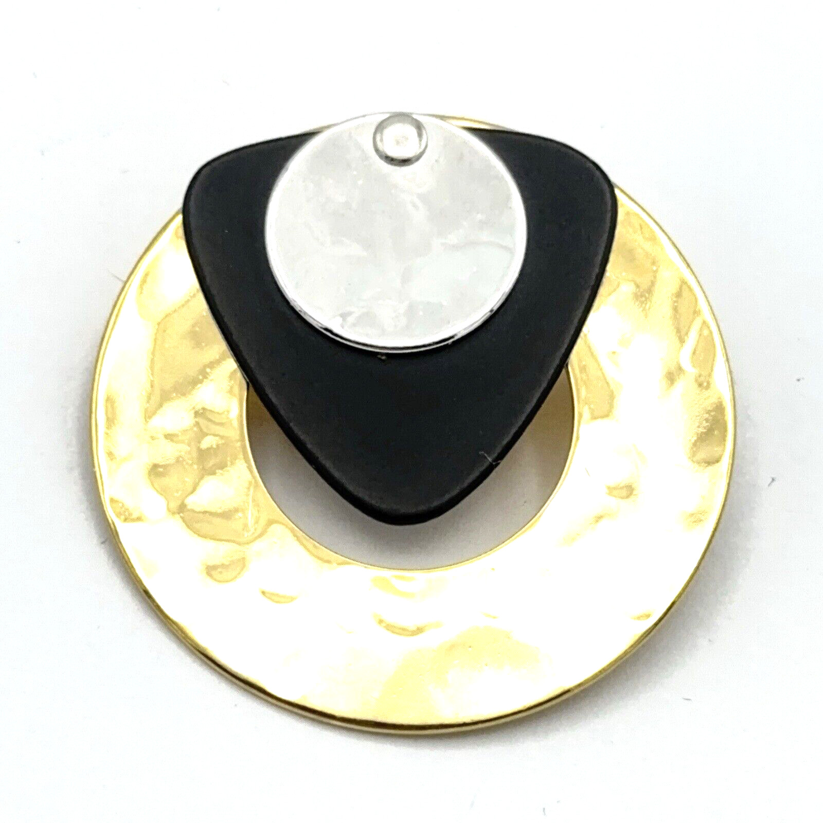 HAMMERED abstract brooches – lot of 2 mixed-metal pins silver gold green black