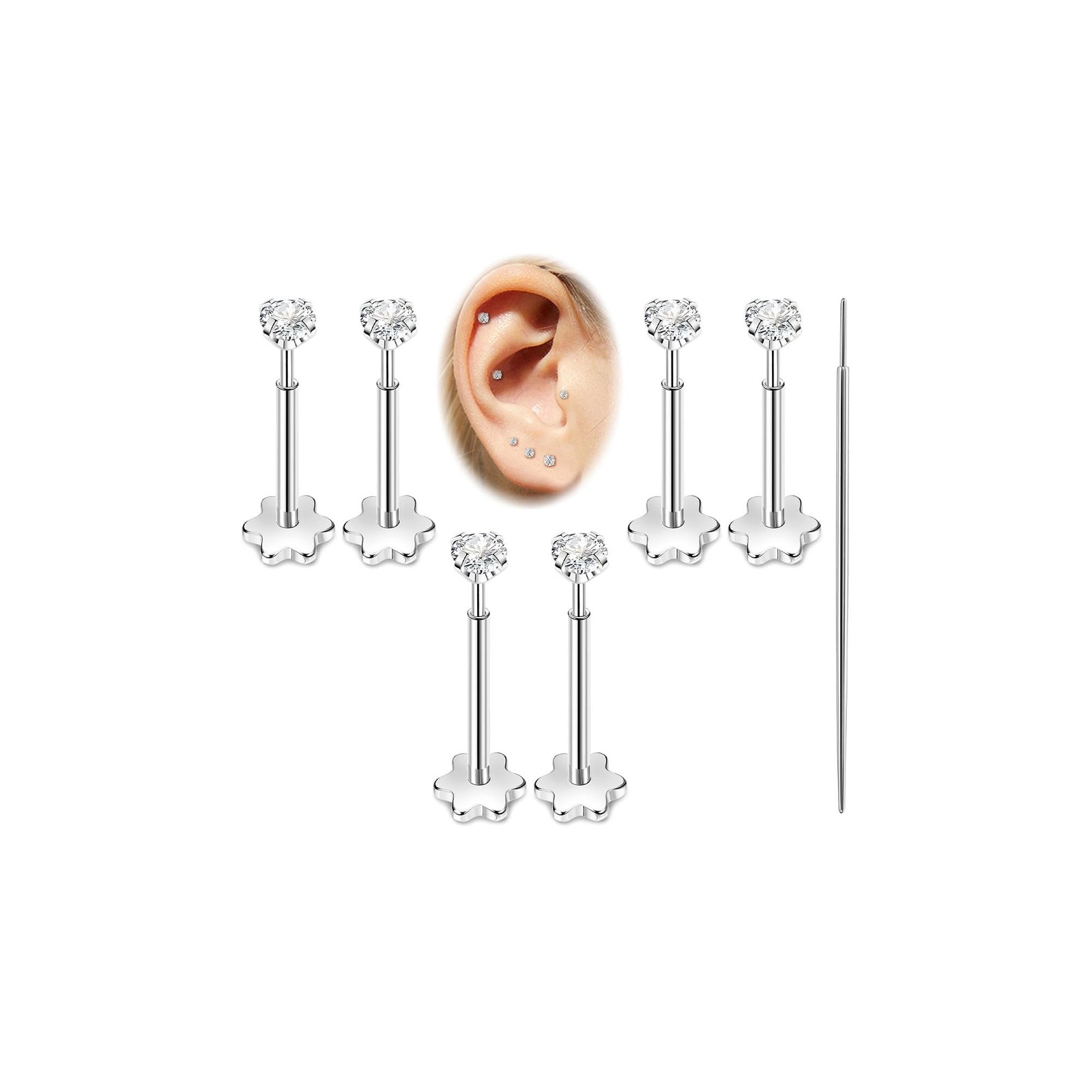 Masedy 3Pairs 20G Surgical Steel Threadless Studs Earrings Push in Flat Back …