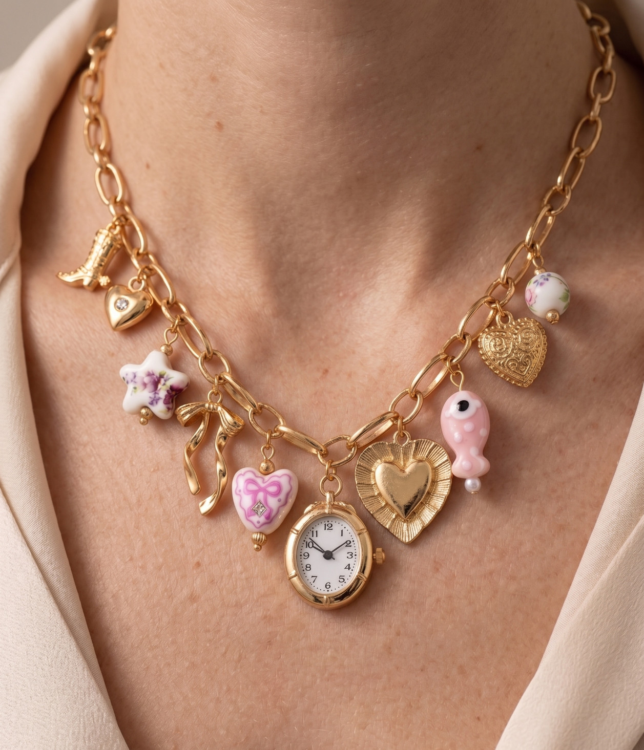 Pink Ceramic Gold Charm Necklace & Bracelet Set, Faux Watch Y2K Coquette Set