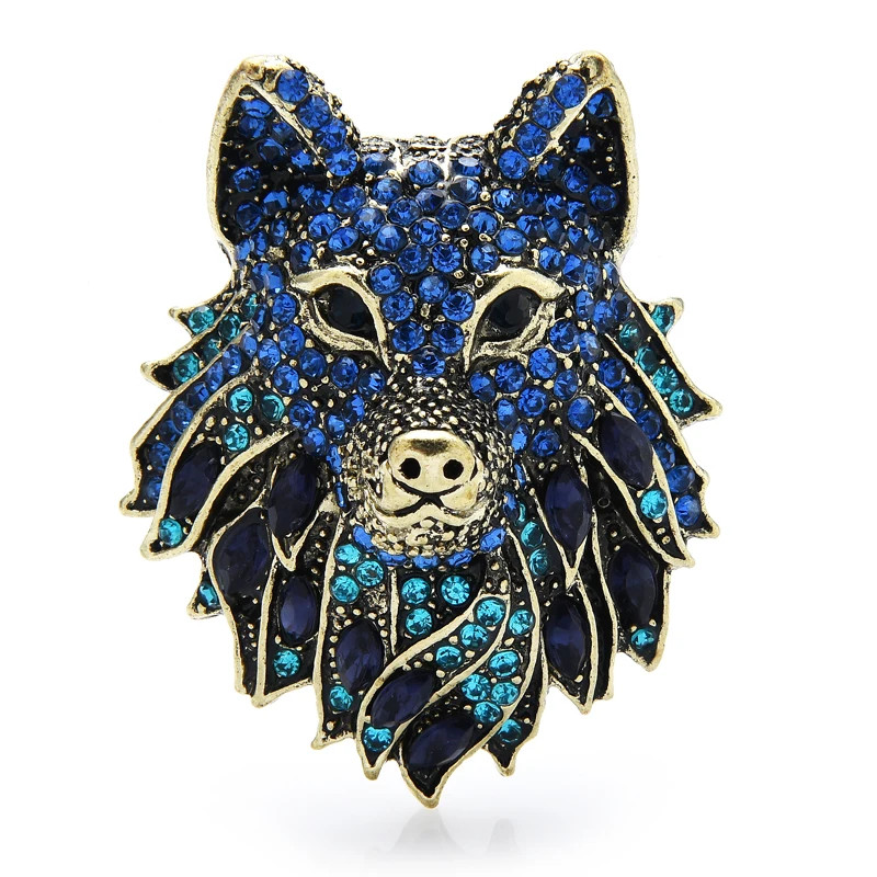 Wuli&baby Sparking Rhinestone Wolf Brooches For Women Men 2-color Black Blue