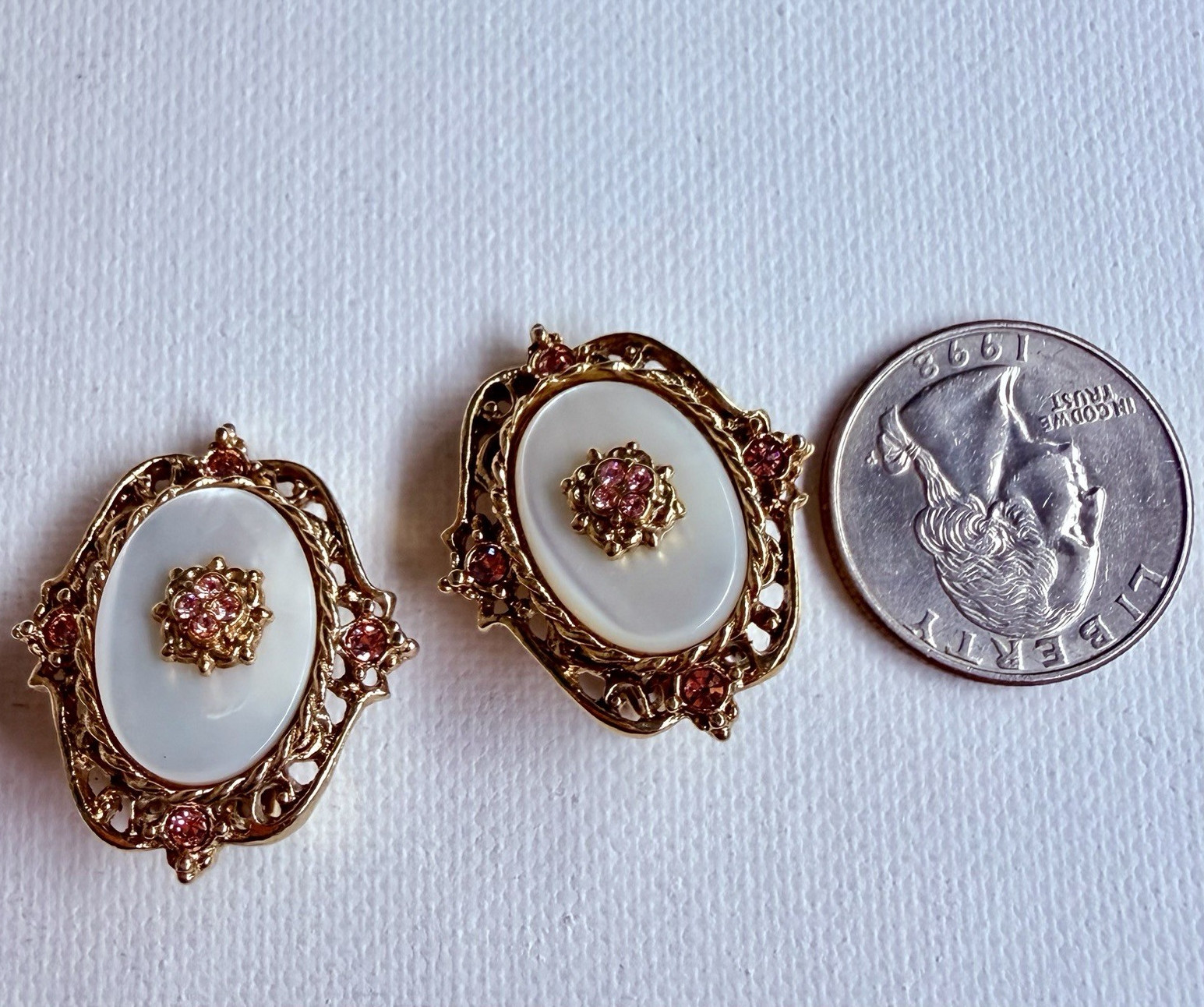 Vintage Victorian Revival Mother of Pearl Pink Rhinestone Gold Tone Clip-ons
