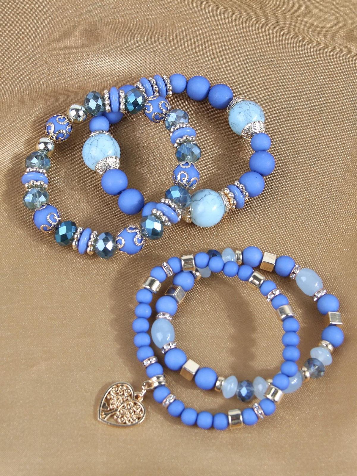 4pcs/set Matte Blue Heart Charm Beaded Bracelet Women Bracelet Stackable