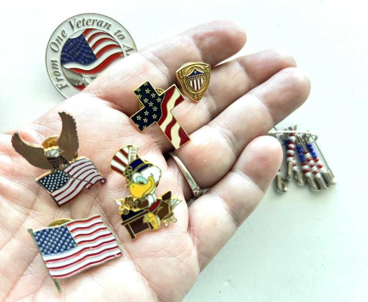 LOT 7 patriotic pins pinbacks eagle flag Veteran safety pins cross metal